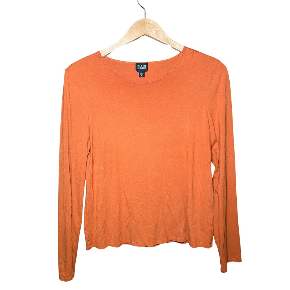 Eileen Fisher Burnt Orange Long Sleeve Viscose Spandex Crewneck Top Small